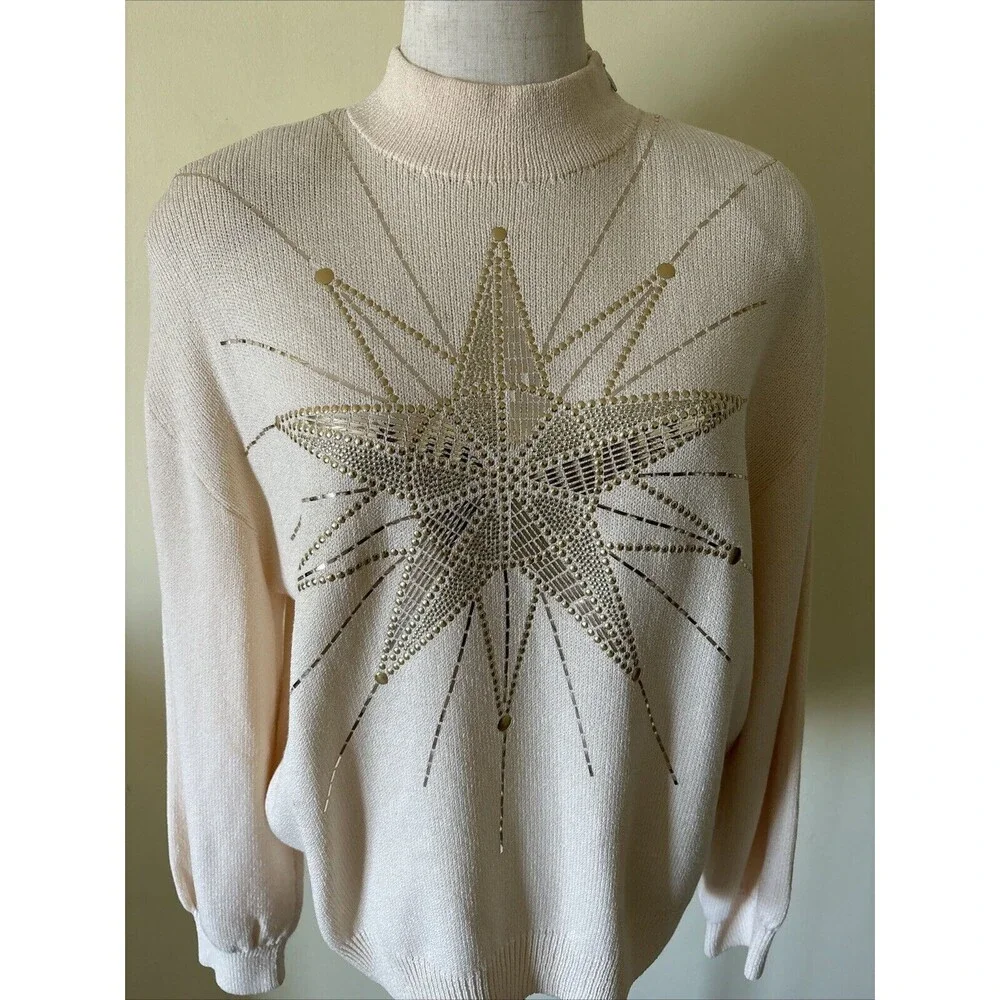 Vintage St John by Marie Gray Embellished Gold‎ & Cream Knit Sweater